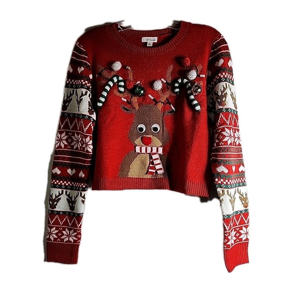 Eyeshadow Holiday Sweater Junior Large Midriff Googly Eyed Reindeer Christmas